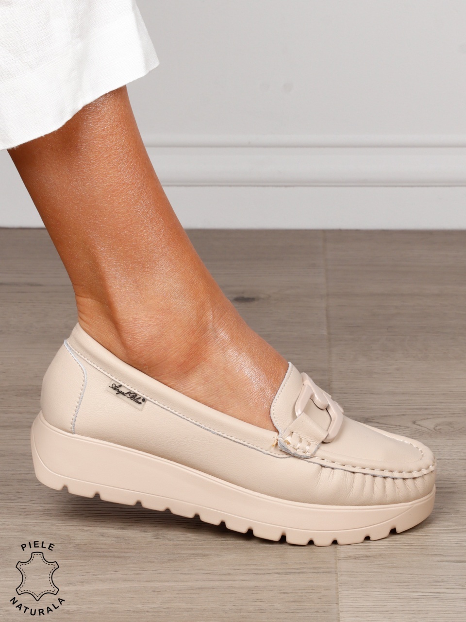 MOCASINI damă din piele naturală cu talpa inalta si catarama CRL1581 KHAKI