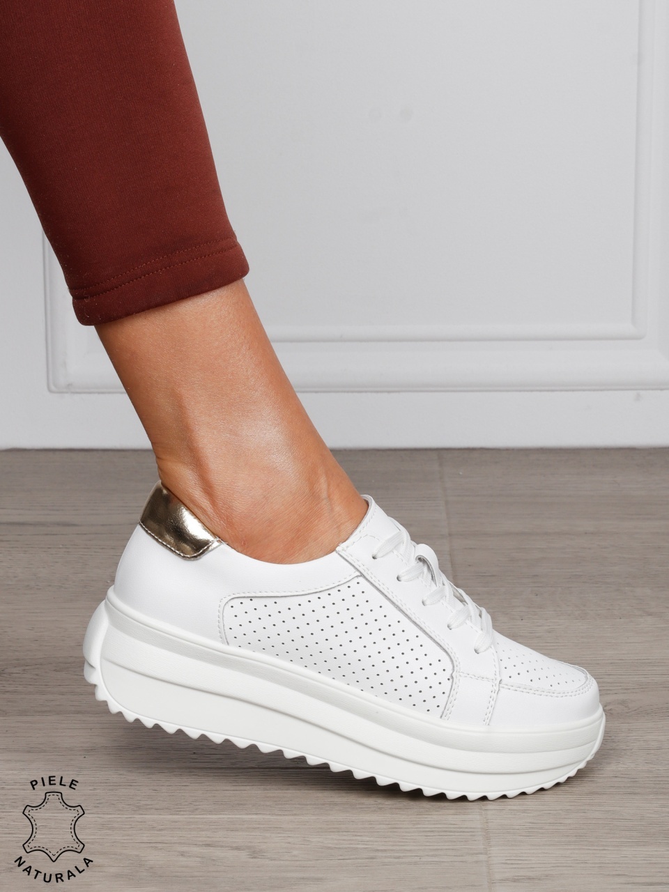 Pantofi Casual damă din piele naturală confortabile CRL1572 ALB CU AURIU