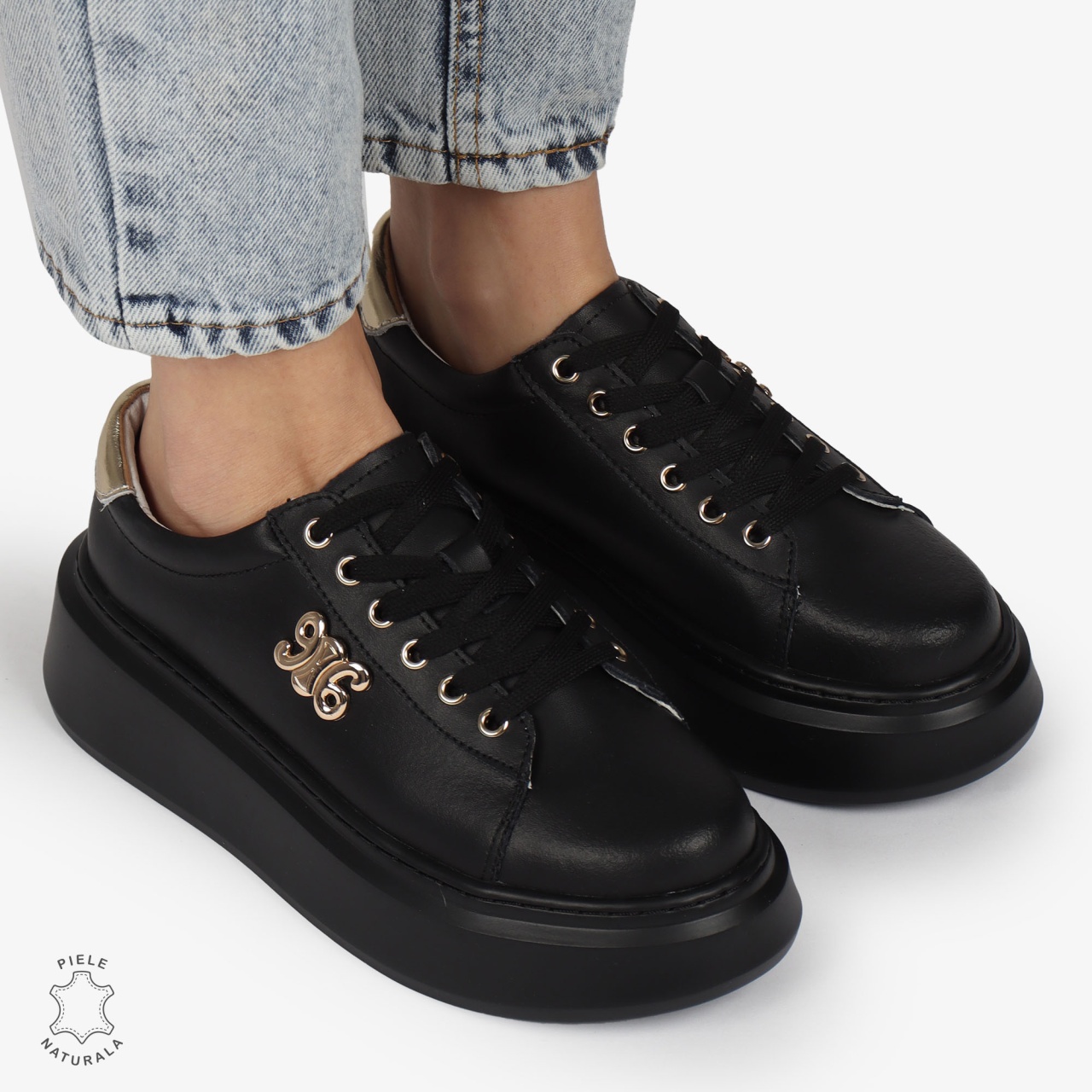 PANTOFI CASUAL dama din Piele naturala CU CATARAMA LATERALA SIRET CRL1347 NEGRU