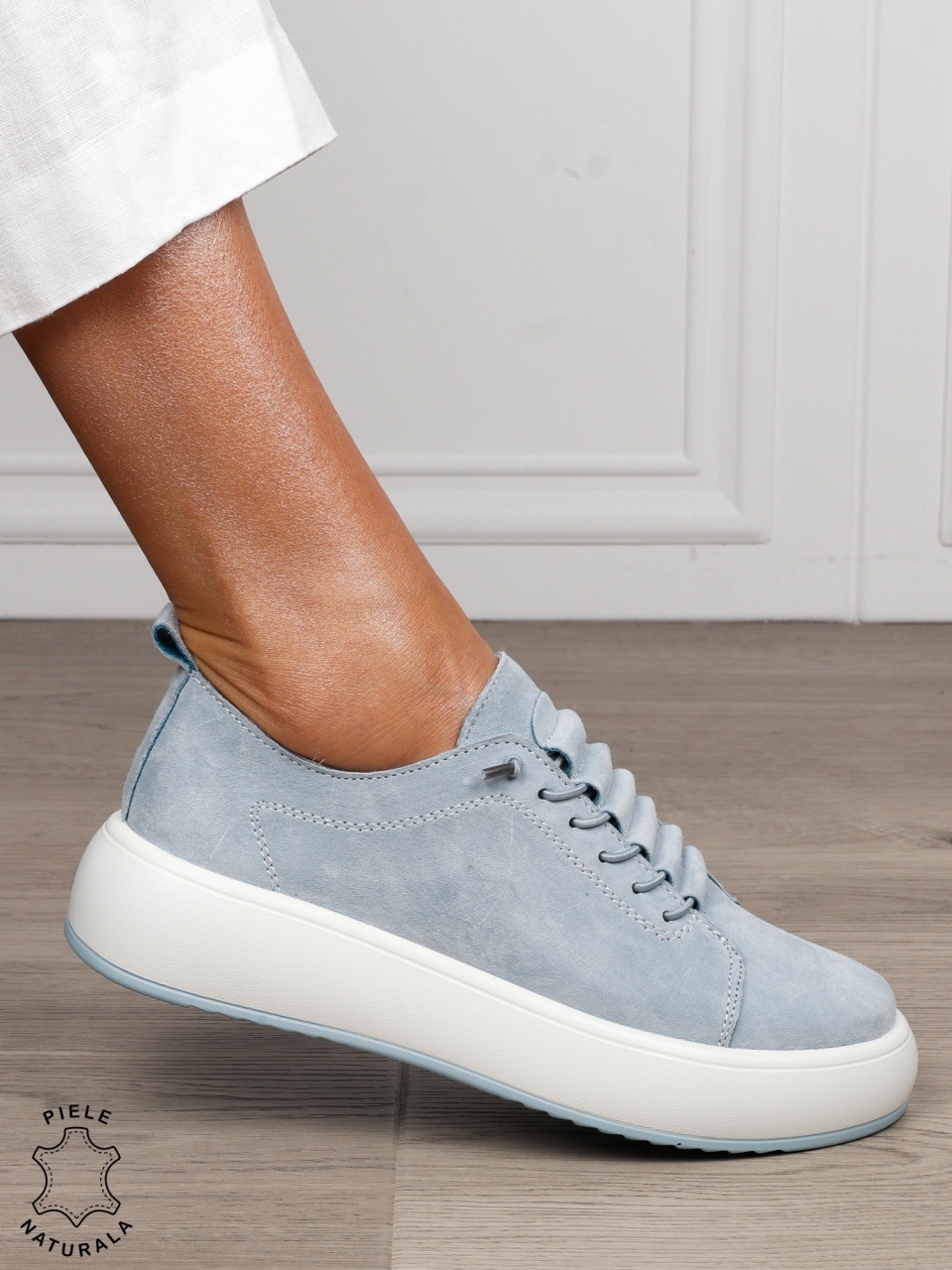 Pantofi Casual dama din Piele Naturala Intoarsa cu siret special CRL1550ALBASTRU