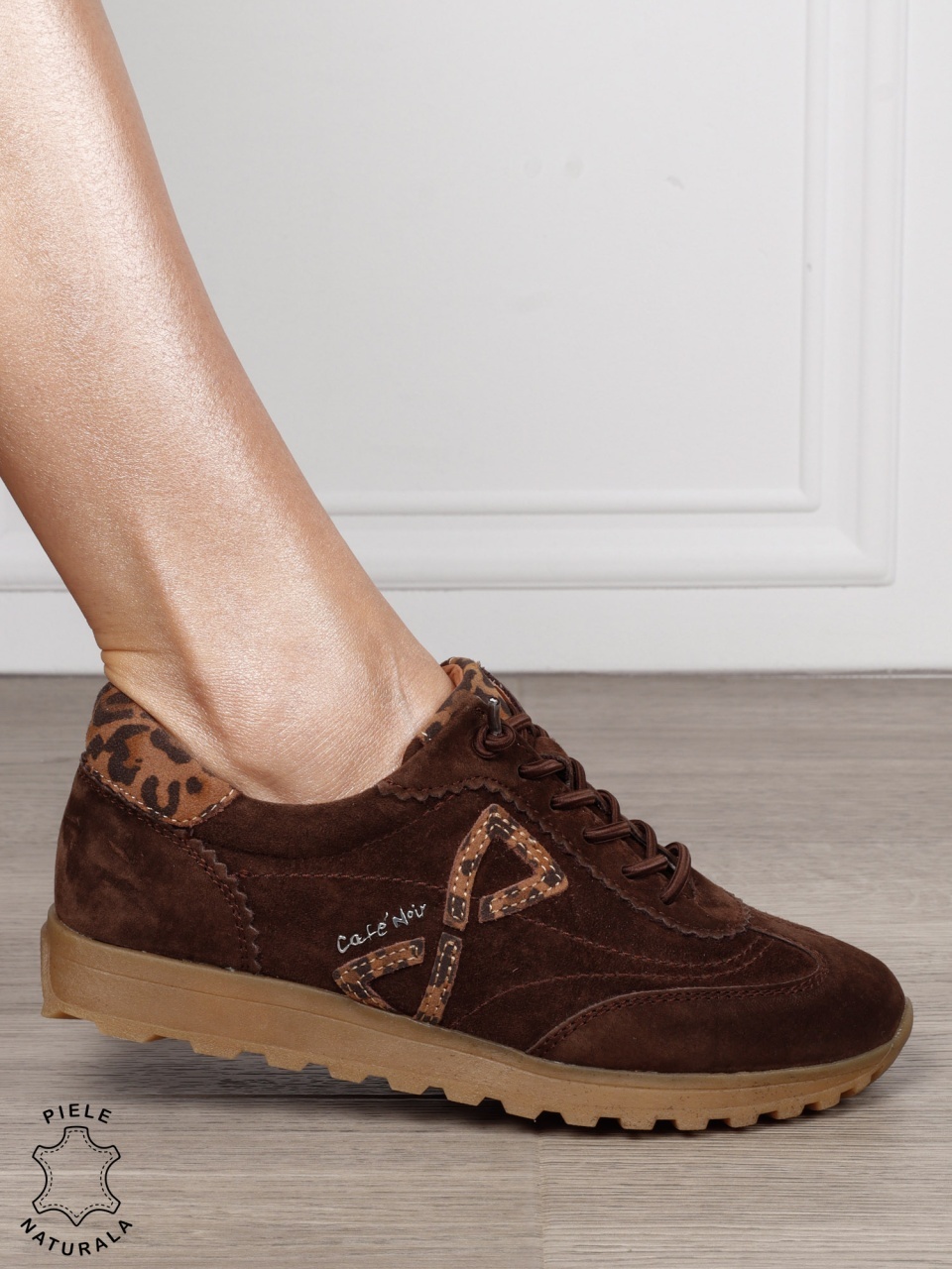 Pantofi Casual Damă din Piele Naturală Întoarsă imprimeu Leopard CRL1804 CAFENIU