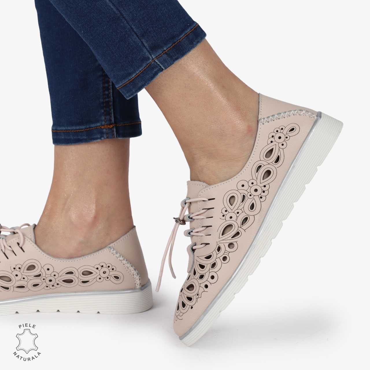 PANTOFI CASUAL dama din Piele naturala PERFORATA CU MODEL CRL1356 ROZ