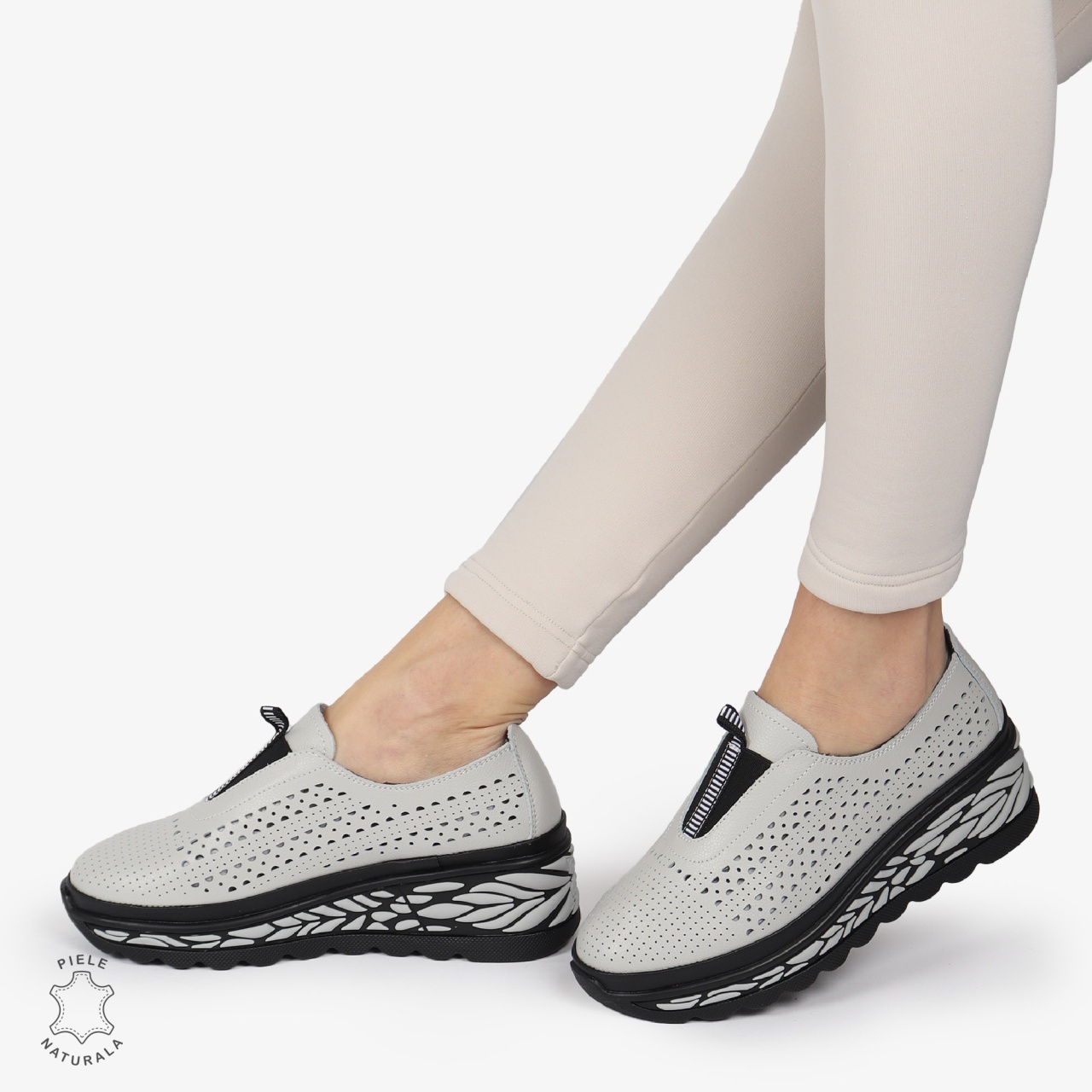 Pantofi Casual dama PERFORATI din Piele naturala CU DESIGN PE TALPA SLIP-ON CRL1338 GRI