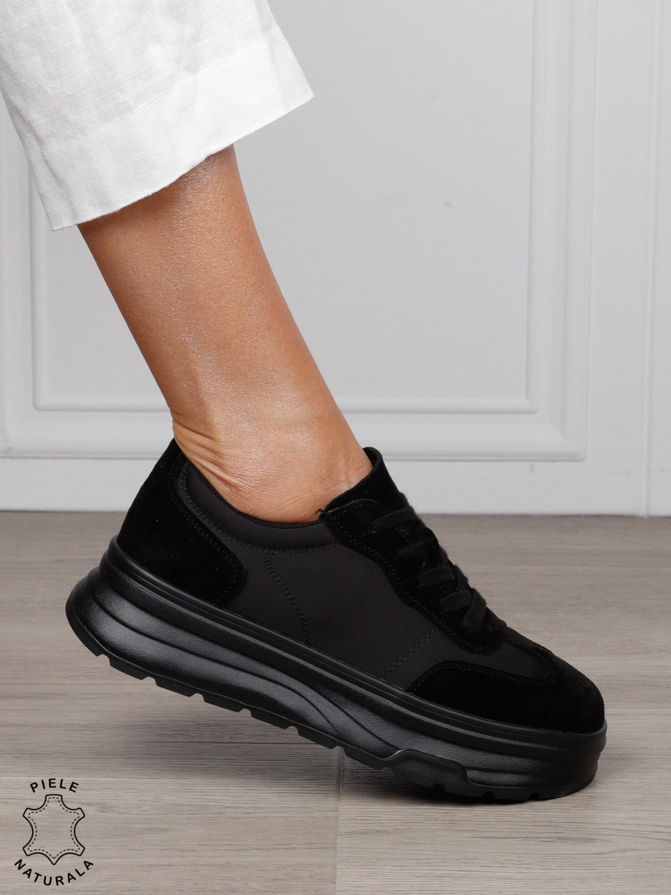 Pantofi Casual damă piele naturala intoarsa cu textil CRL1578 NEGRU