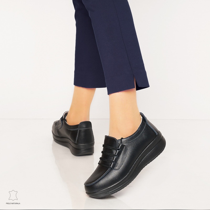 Pantofi casual de dama din piele naturala cu talpa groasa CRL0005 Negru