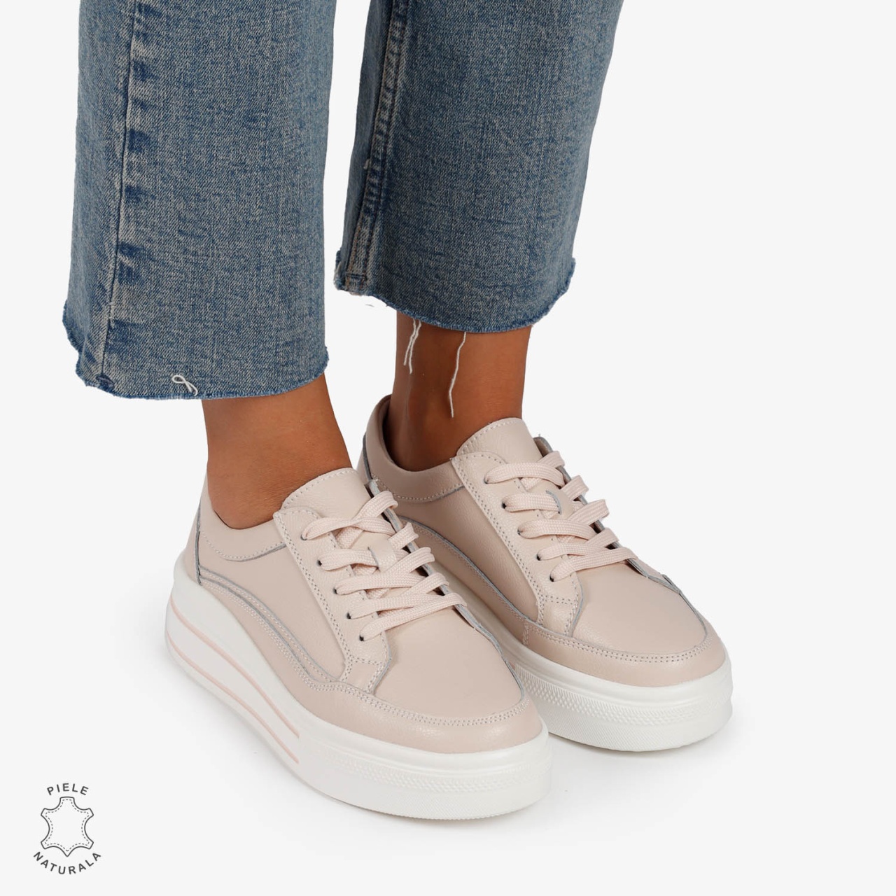 Pantofi Casual de dama din Piele Naturala cu talpa inalta si Dungi CRL1203 Roz