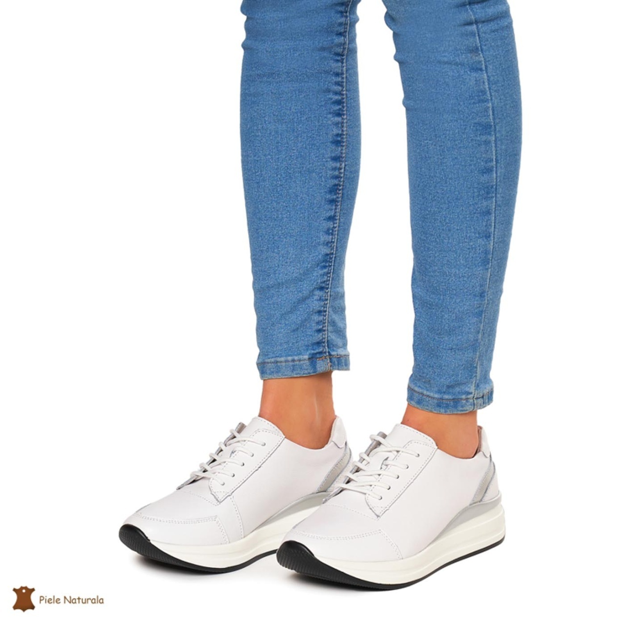 Pantofi casual de dama din piele naturala cu talpa plata CRL0019 ALB