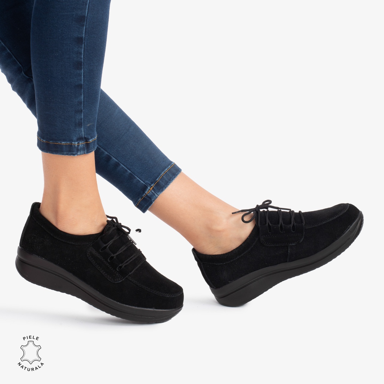 Pantofi casual de dama din piele naturala Intoarsa cu talpa groasa CRL0005 Negru
