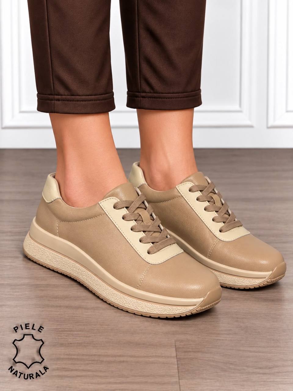 Pantofi casual din piele naturală pentru damă cu design versatil CRL1909 KHAKI