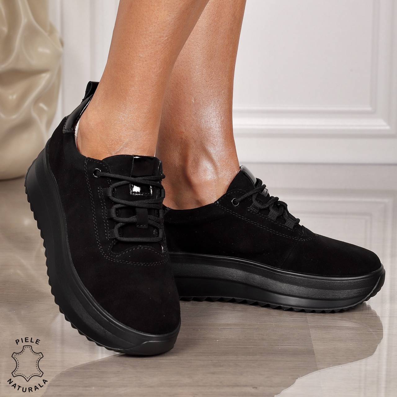 Pantofi CASUAL PIELE NATURALA cu TALPA INALTA CRL1291 NEGRU SUEDE