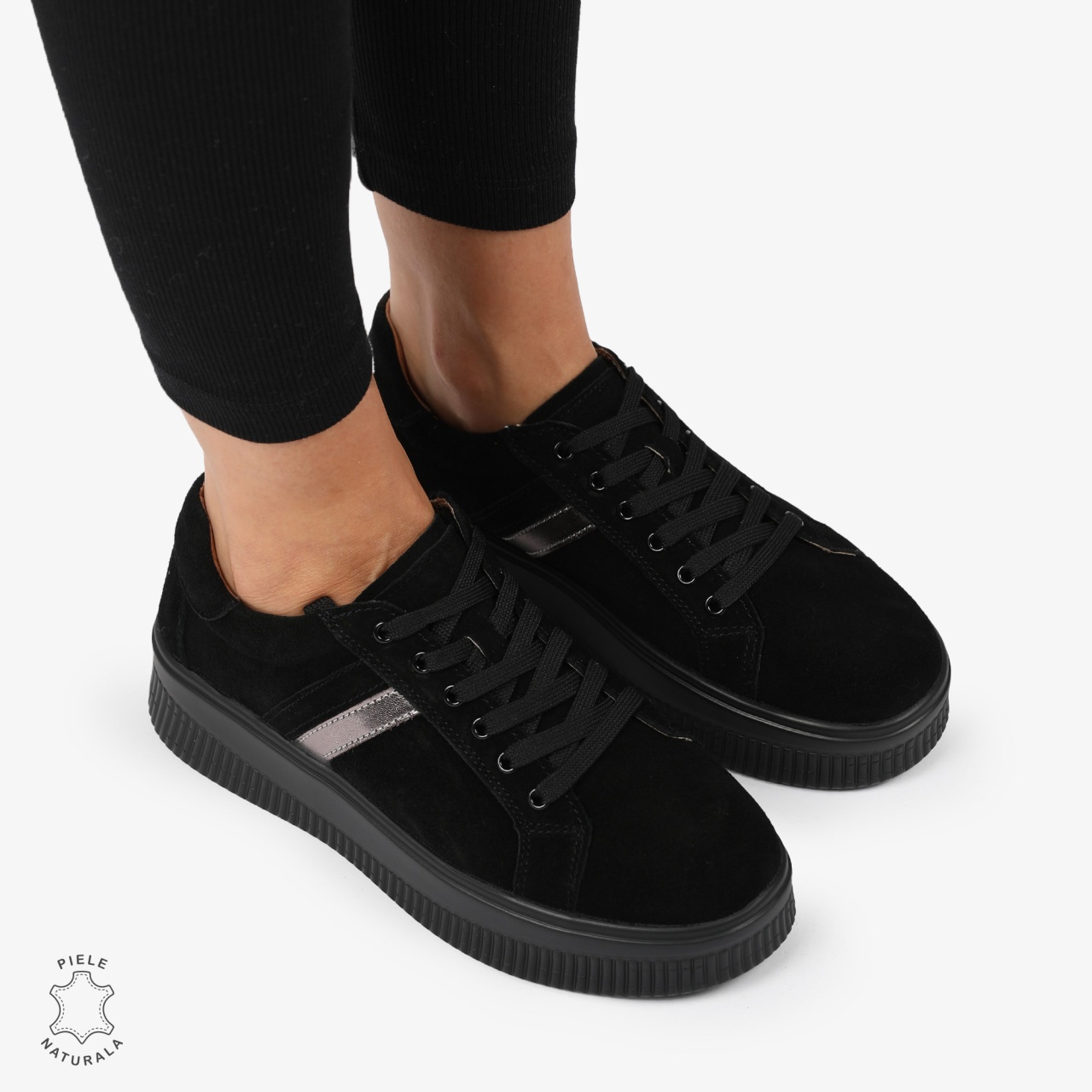 Pantofi CASUAL PIELE NATURALA Intoarsa cu linii decorative CRL1270 Negru