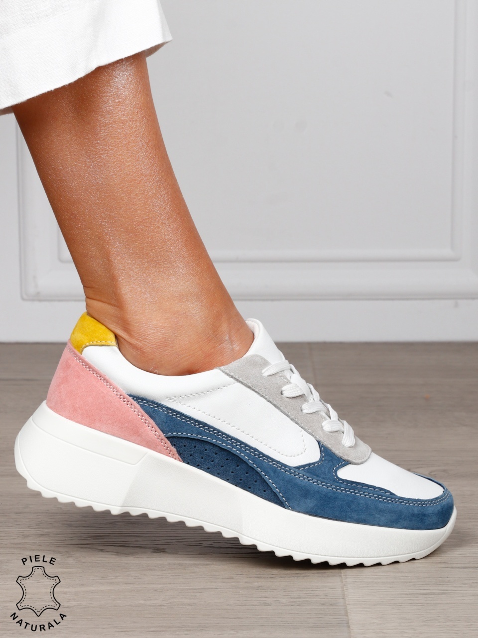 Pantofi sport damă din piele naturală și piele naturală întoarsă, multicolor CRL1564 BLEUMARIN