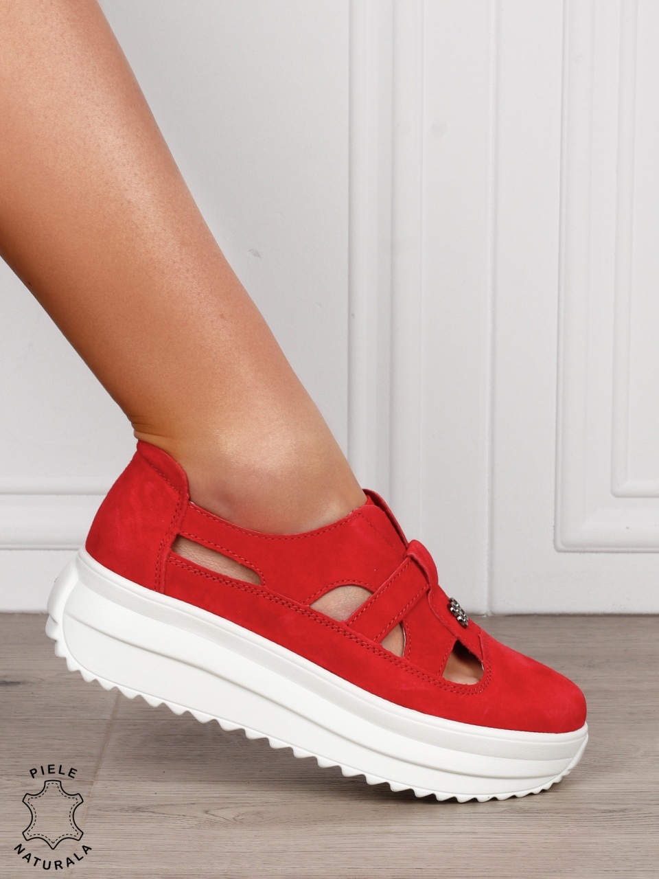 Sandale dama din Piele Naturala Intoarsa cu talpa inalta CRL1558 ROSU