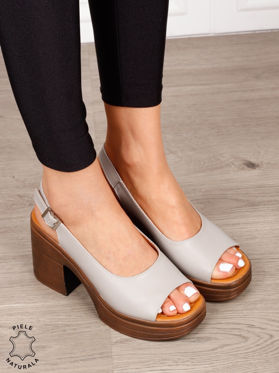 Sandale dama din Piele Naturala model clasic cu toc gros si inalt CRL1641 GRI