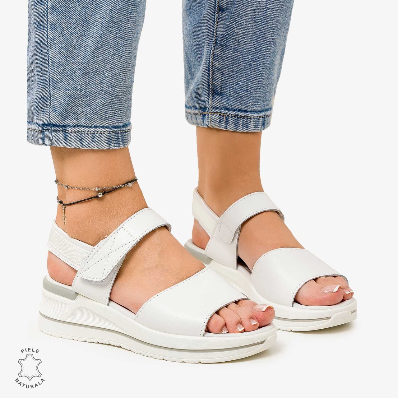 SANDALE Dama Piele Naturala CU BARETA CRL1098 Culoare: ALB