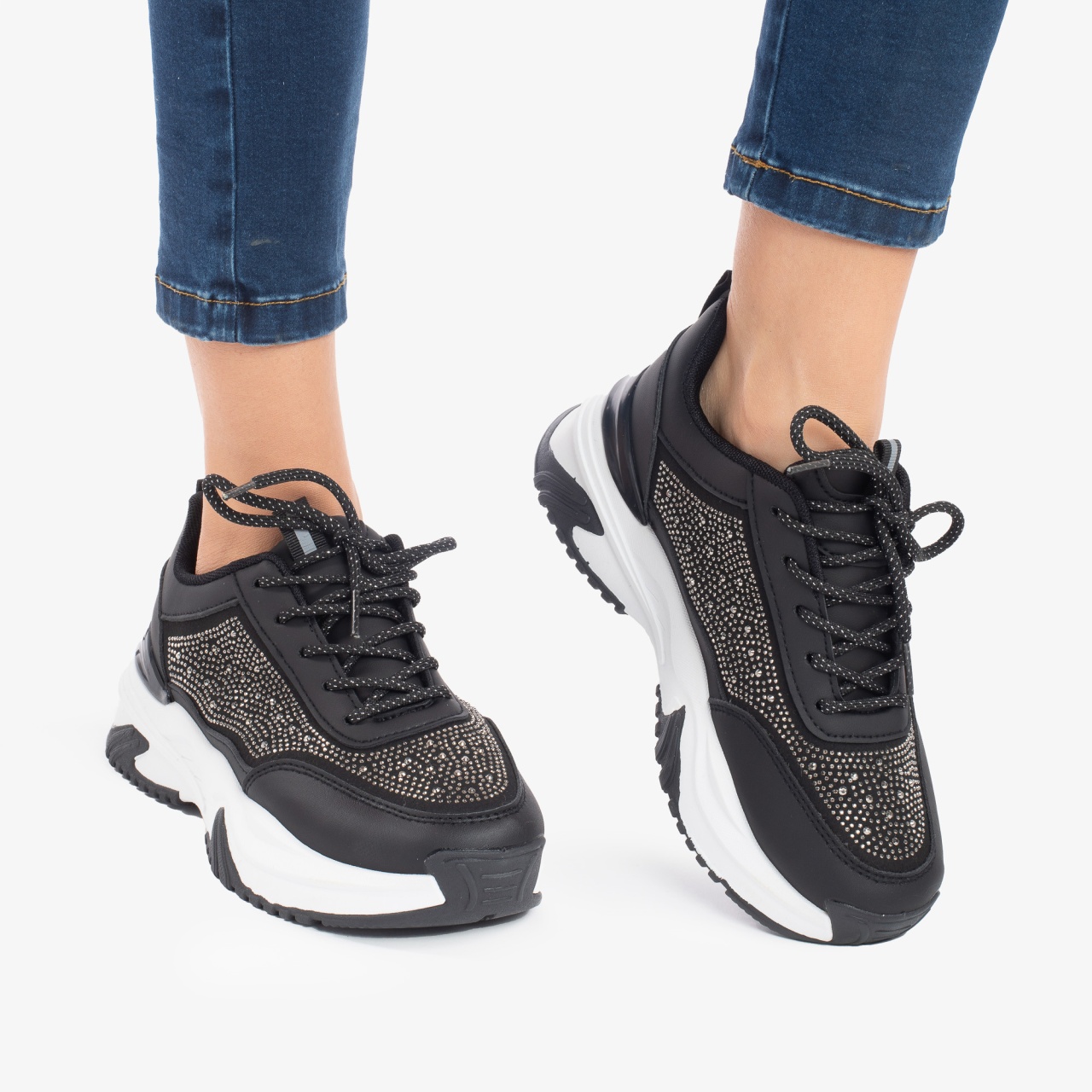 SNEAKERS DAMA din PIELE ECOLOGICA CU STRAS CRL0862 NEGRU