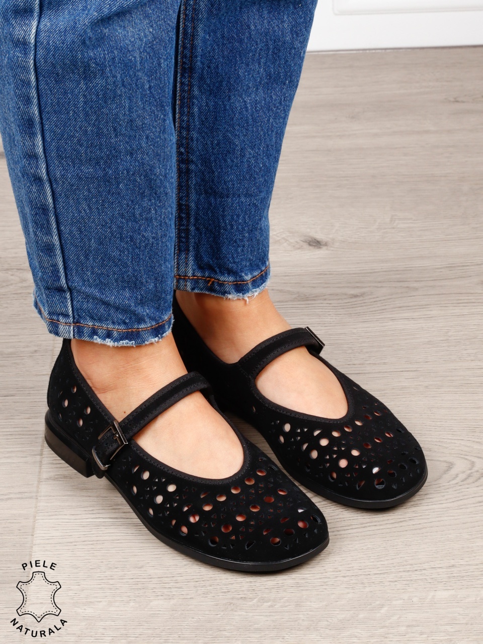 Balerini dama din piele naturala Intoarsa cu barete SI DESIGN UNIC CRL1629 NEGRU