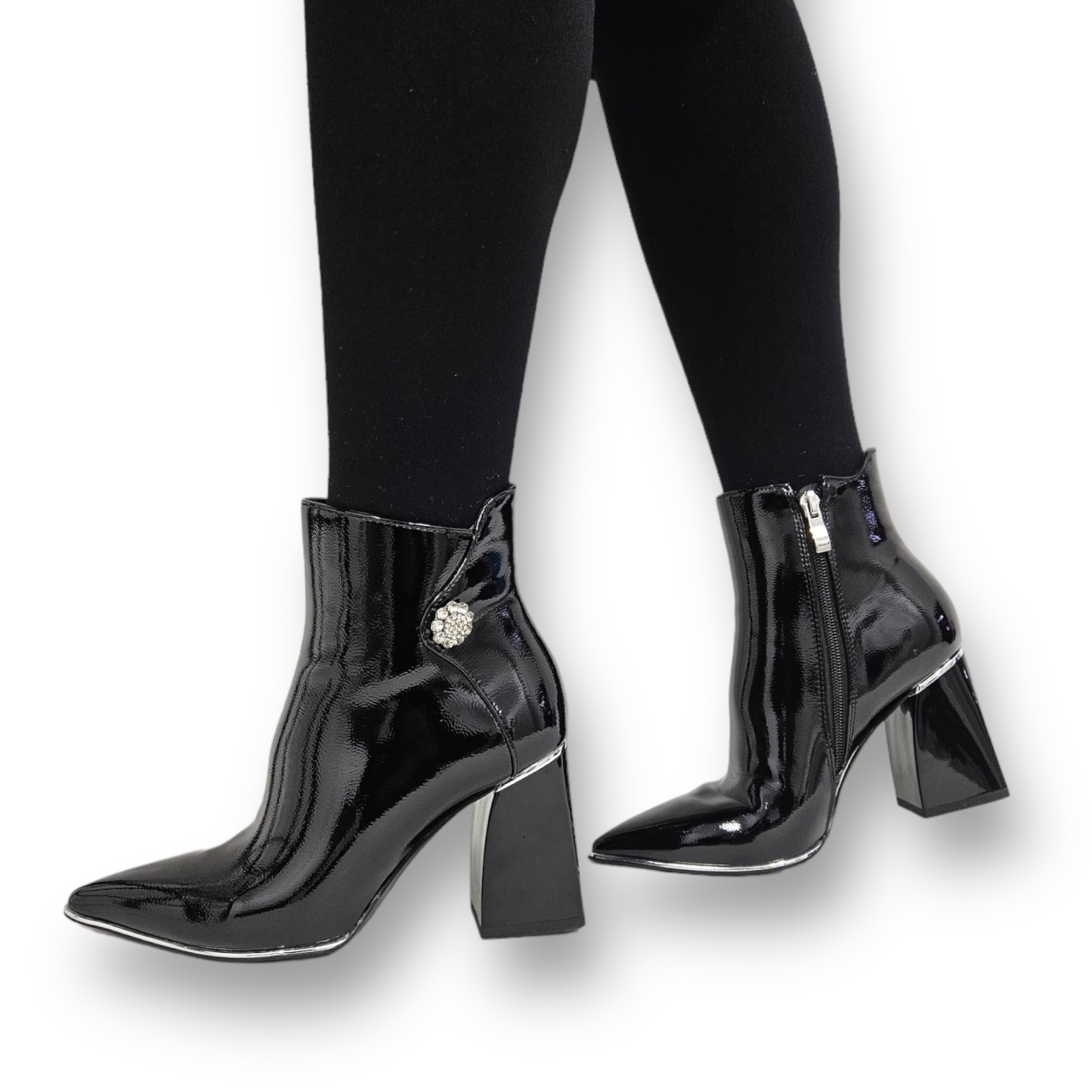 Botine DAMA Elegante din PIELE Ecologica Lacuita cu FERMOAR si Stras CRL0935 CULOARE: Negru