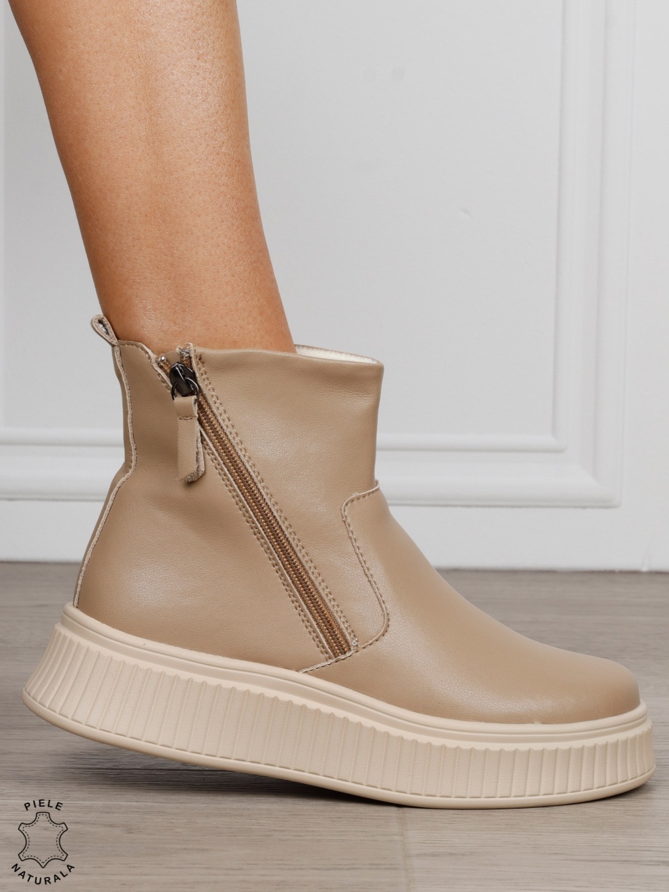 GHETE DAMA din PIELE Naturala cu talpa groasa cu dublu fermoar CRL1533KHAKI