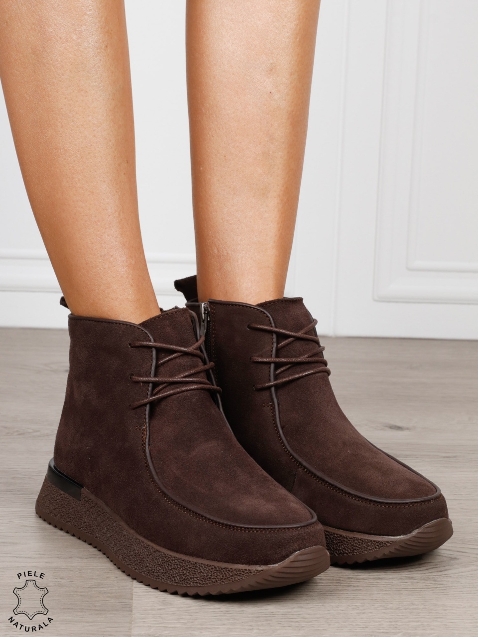 Ghete damă din piele naturală Intoarsa cu design casual CRL1842 CAFENIU