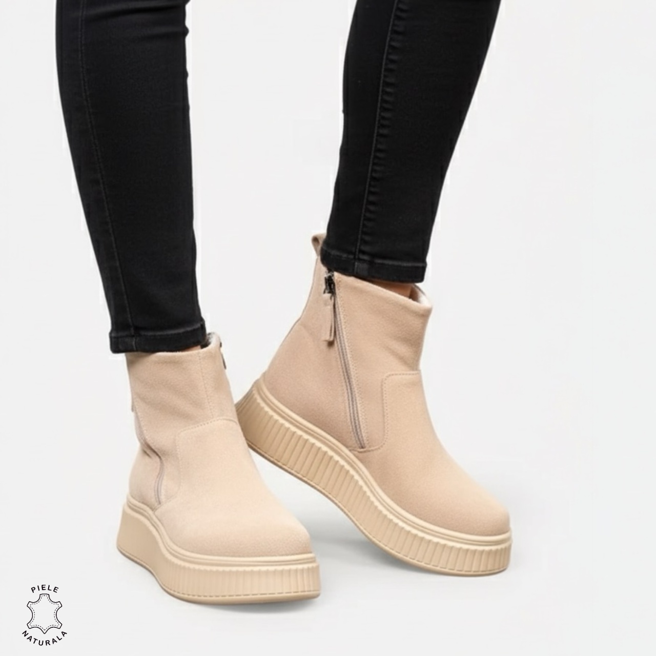 GHETE DAMA din PIELE Naturala intoarsa cu talpa groasa cu dublu fermoar CRL1533BEJ