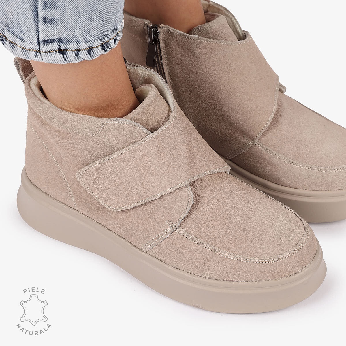 GHETE DAMA PIELE NATURALA cu fermoar lateral si VELCRO și talpă confortabilă CRL1311