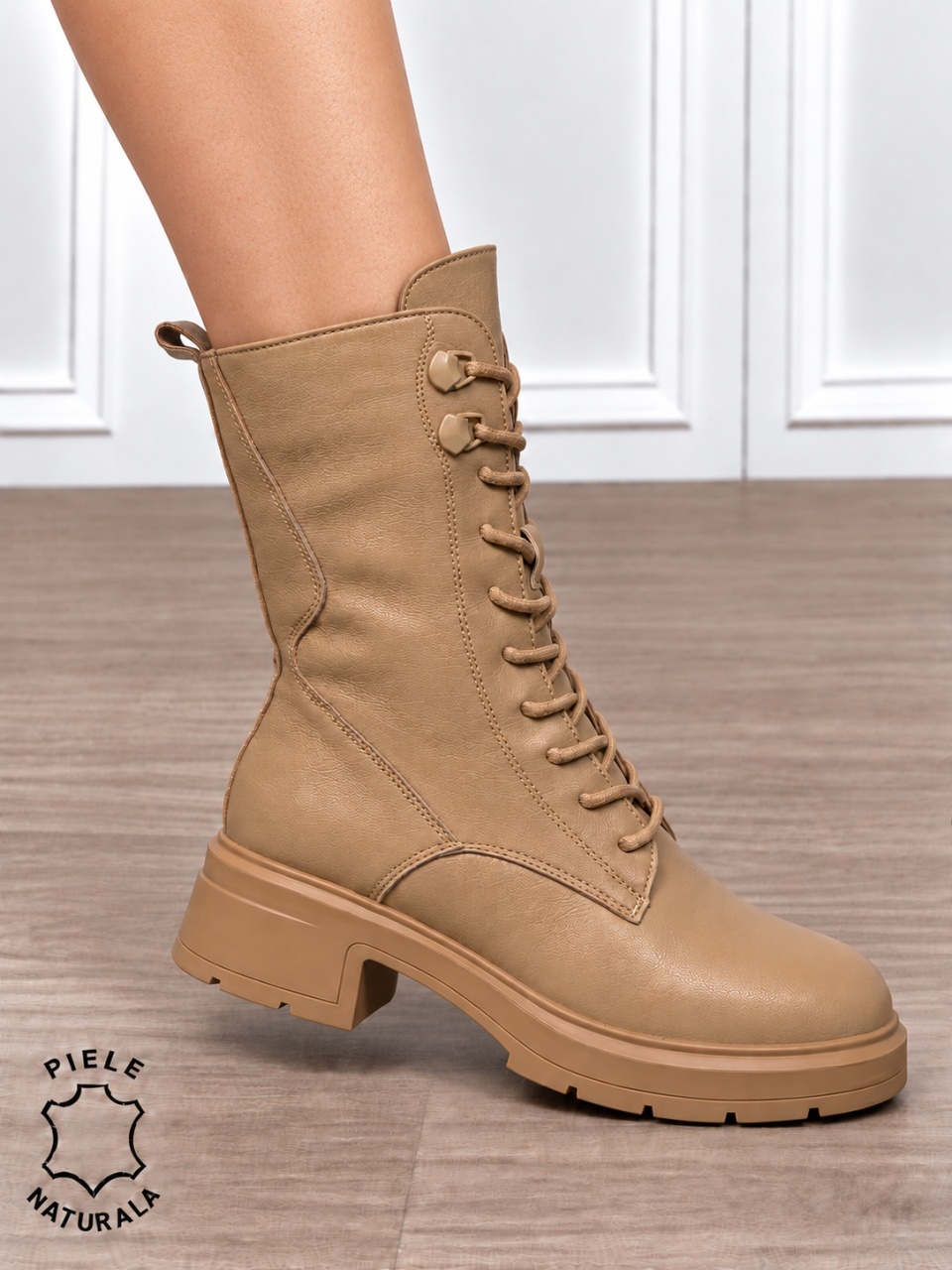 Ghete înalte damă din piele naturală, cu design modern CRL1912 KHAKI