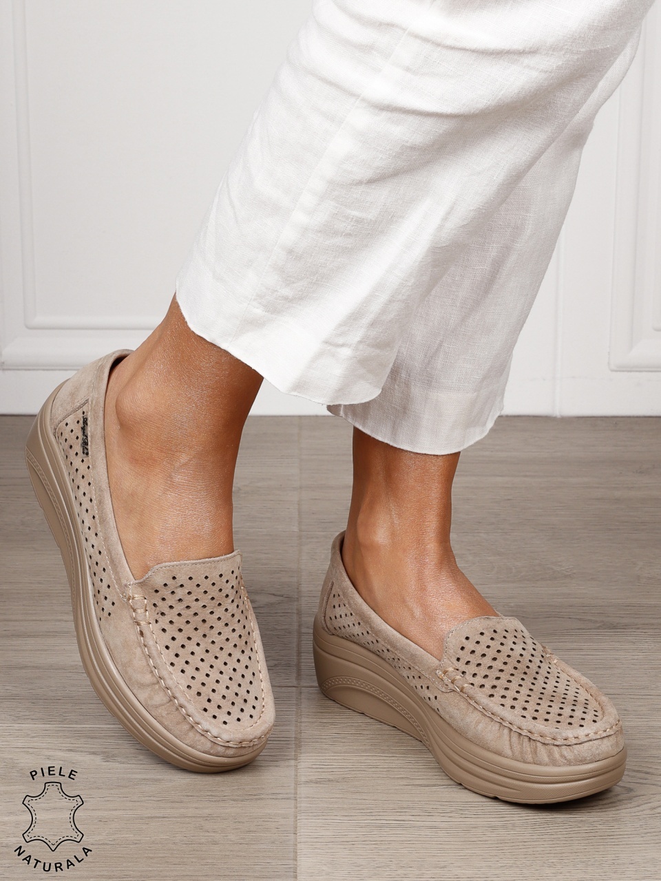 MOCASINI damă din piele naturală intoarsa CRL1579 KHAKI