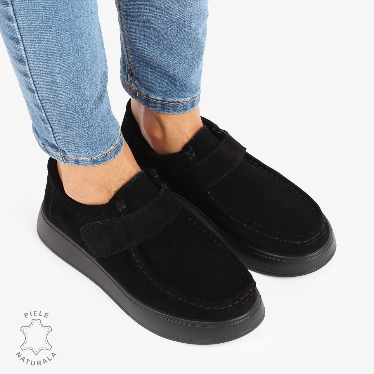 MOCASINI dama din Piele Naturala INTOARSA CU INCHIDERE VELCRO CRL1227 NEGRU