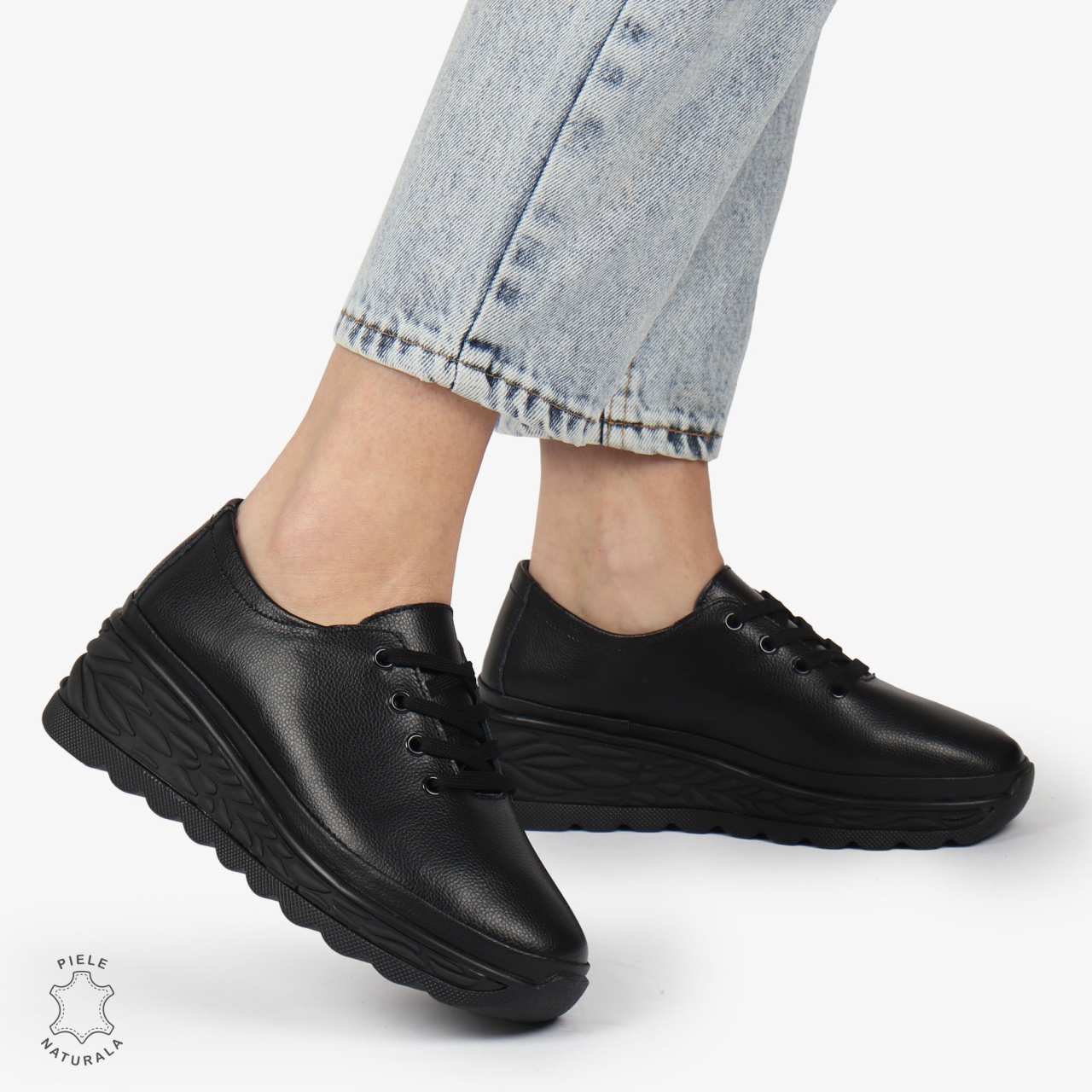 Pantofi Casual dama din Piele naturala CU DESIGN PE TALPA SIRET CRL1345 NEGRU