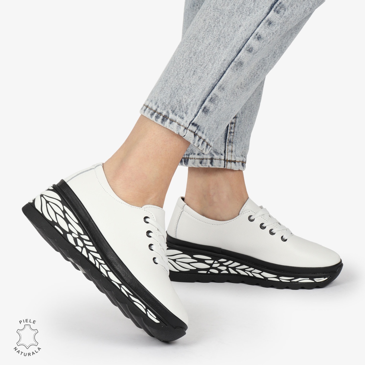 Pantofi Casual dama din Piele naturala CU DESIGN PE TALPA SIRET CRL1345 ALB