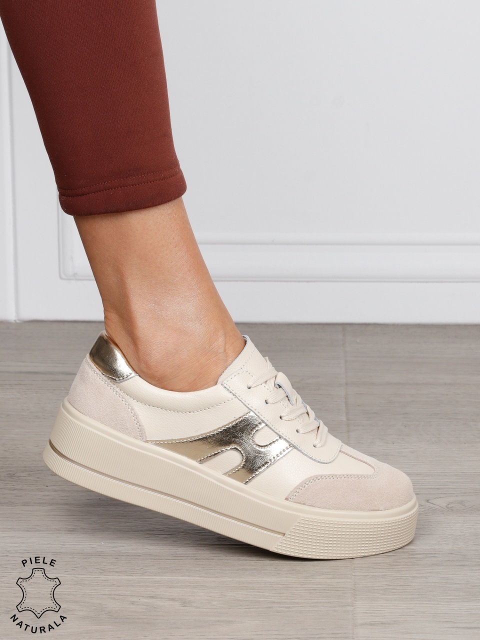 Pantofi Casual damă din piele naturală cu model lateral CRL1569 BEJ