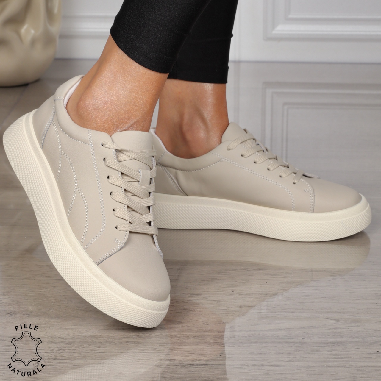 Pantofi CASUAL dama din piele naturala CU SIRET CRL1452 BEJ