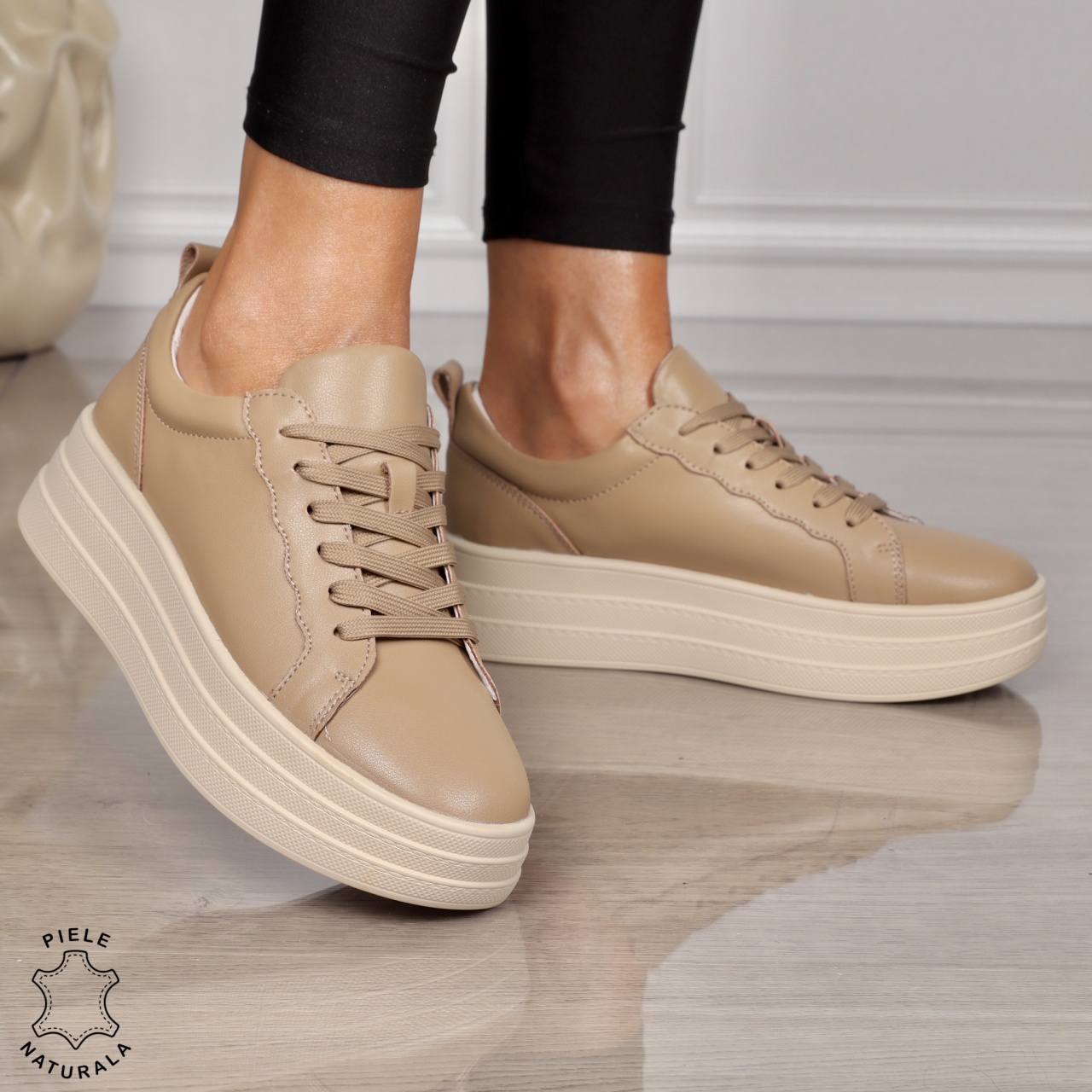 Pantofi CASUAL damă din piele naturală CU SIRET SI TALPA INALTA CRL1454 KHAKI