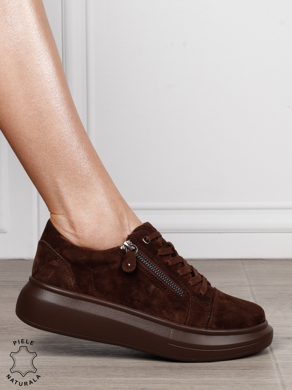 Pantofi Casual Damă din Piele Naturală intoarsa cu Fermoar Lateral CRL1801 CAFENIU