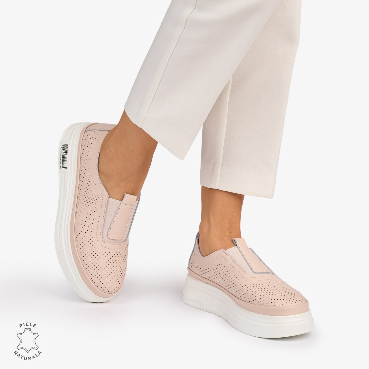 Pantofi Casual dama din Piele Naturala Perforata cu elastic frontal CRL1068 CULOARE: ROZ