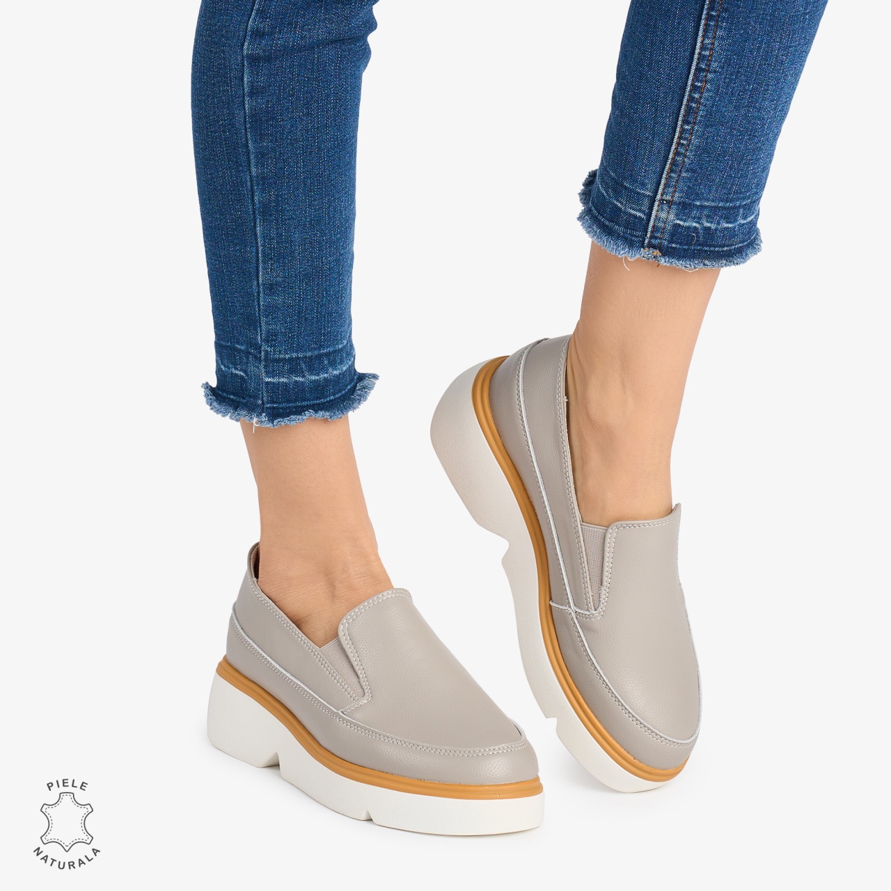 Pantofi Casual DAMA din PIELE Naturala SLIP-ON CRL0946 CULOARE: GRI