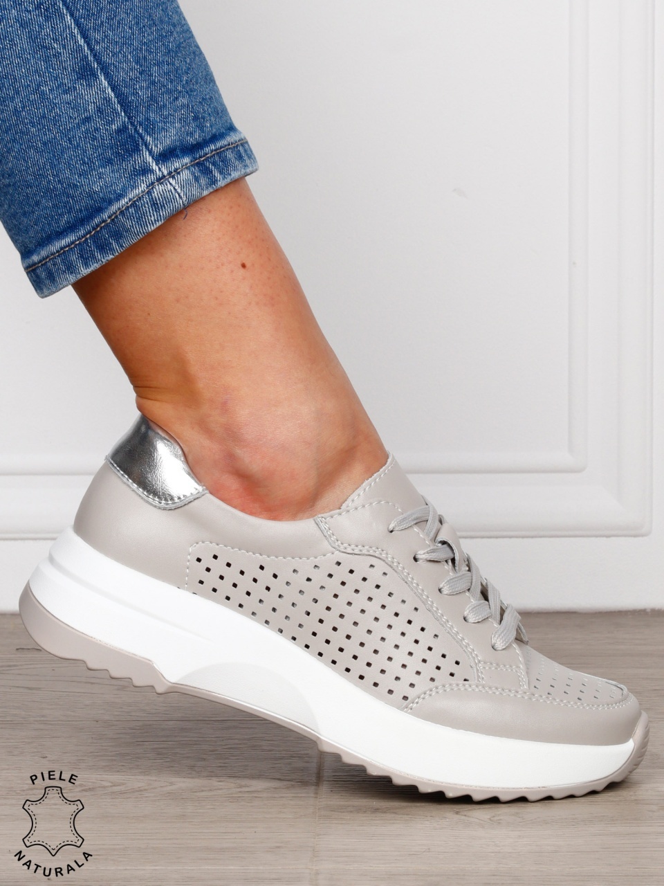 PANTOFI CASUAL Dama Piele Naturala cu mici perforati confortabile CRL1596 GRI