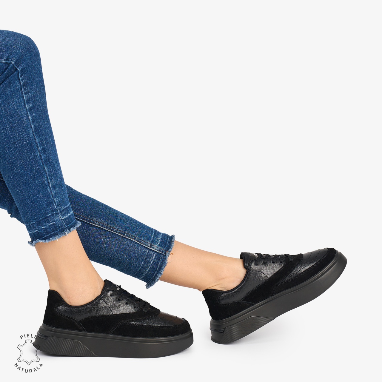 Pantofi casual dama piele naturala si piele naturala intoarsa CRL0872 NEGRU