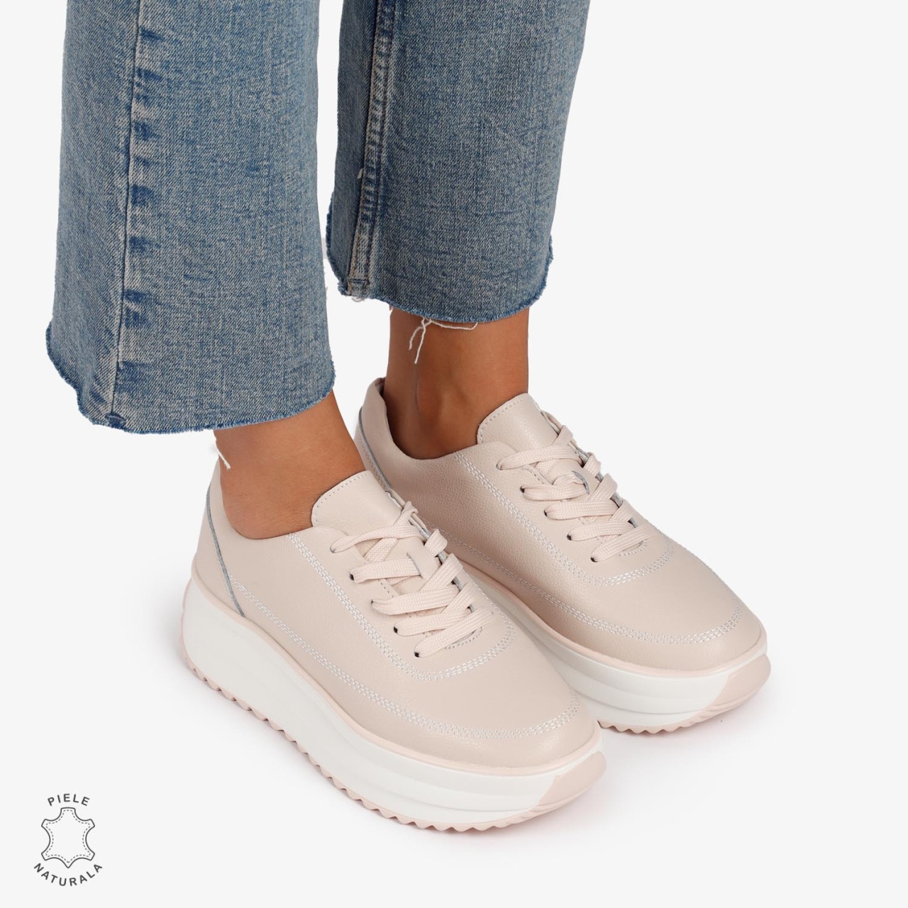 Pantofi Casual de dama din Piele Naturala cu talpa Inalta CRL1201 Roz