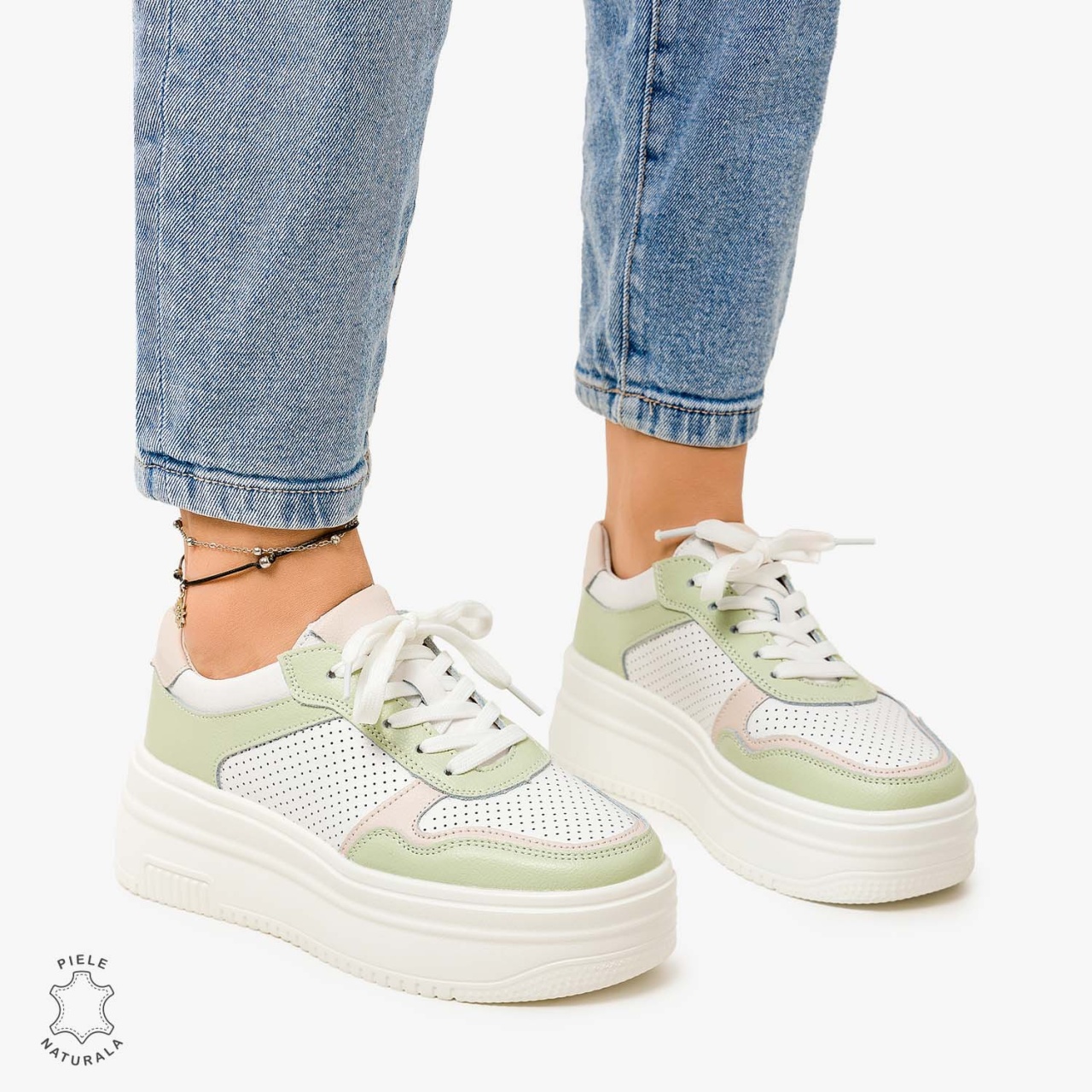 Pantofi Casual de dama din Piele Naturala Multicolor CRL1096 ALB CU Verde