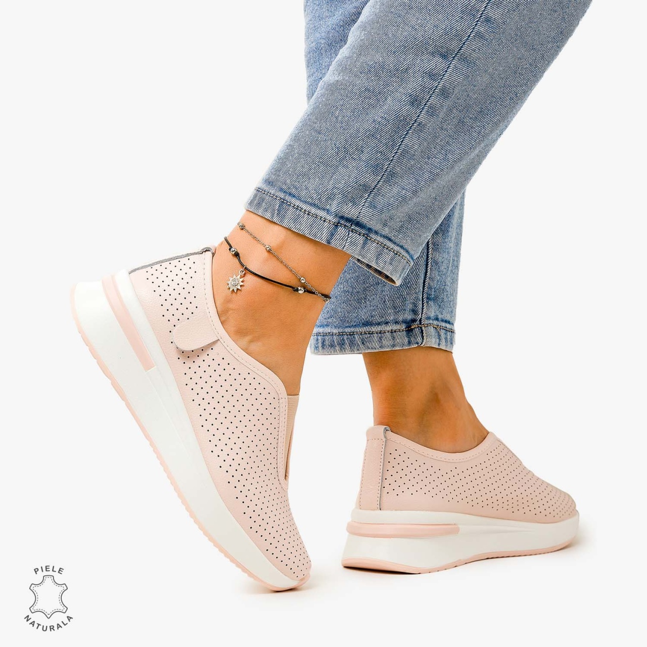 Pantofi Casual de dama din Piele Naturala PERFORATA CU ELASTIC CRL1200 ROZ