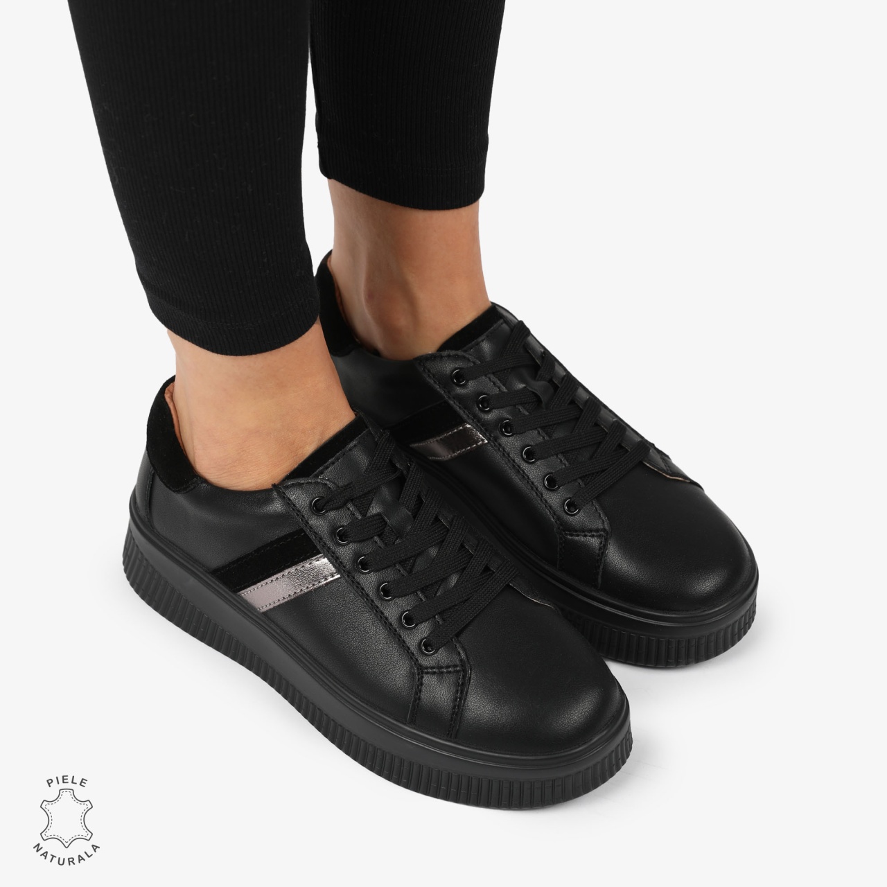 Pantofi CASUAL PIELE NATURALA cu linii decorative CRL1270 Negru