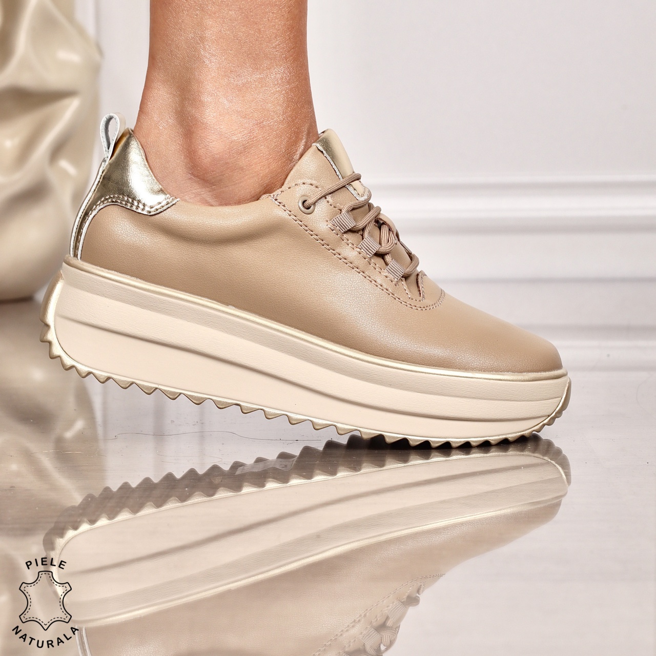 Pantofi CASUAL PIELE NATURALA cu TALPA INALTA CRL1291 KHAKI