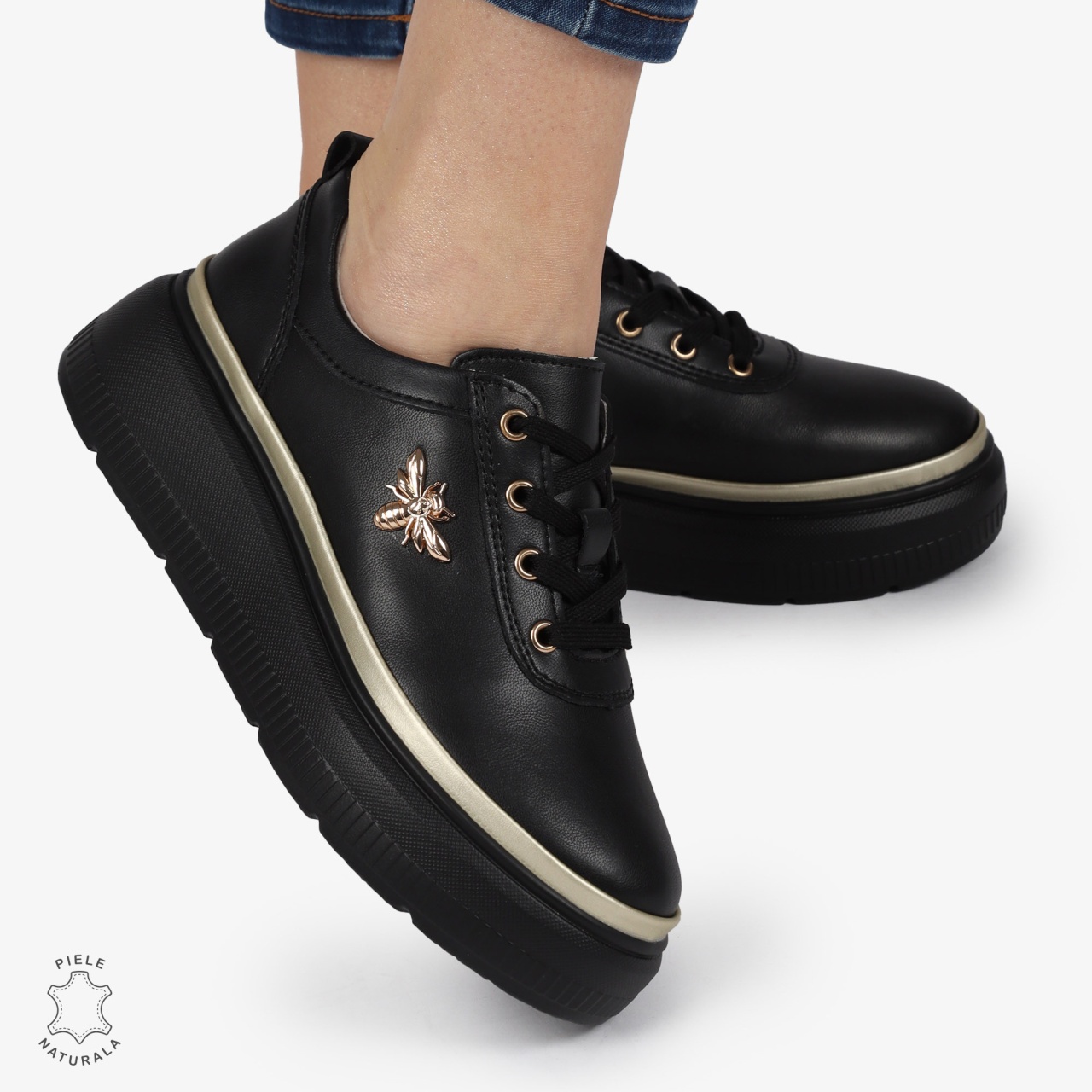 Pantofi DAMA CASUAL din piele naturală CU DETALIU FLUTURE CRL1376 NEGRU