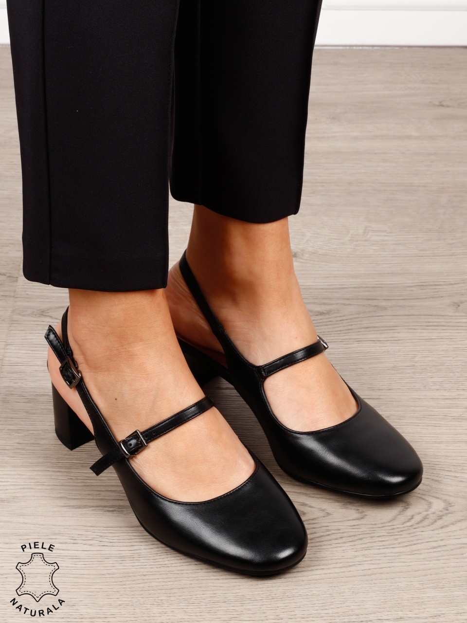 Pantofi dama eleganti cu toc gros si inchidere dubla CRL1608 Negru