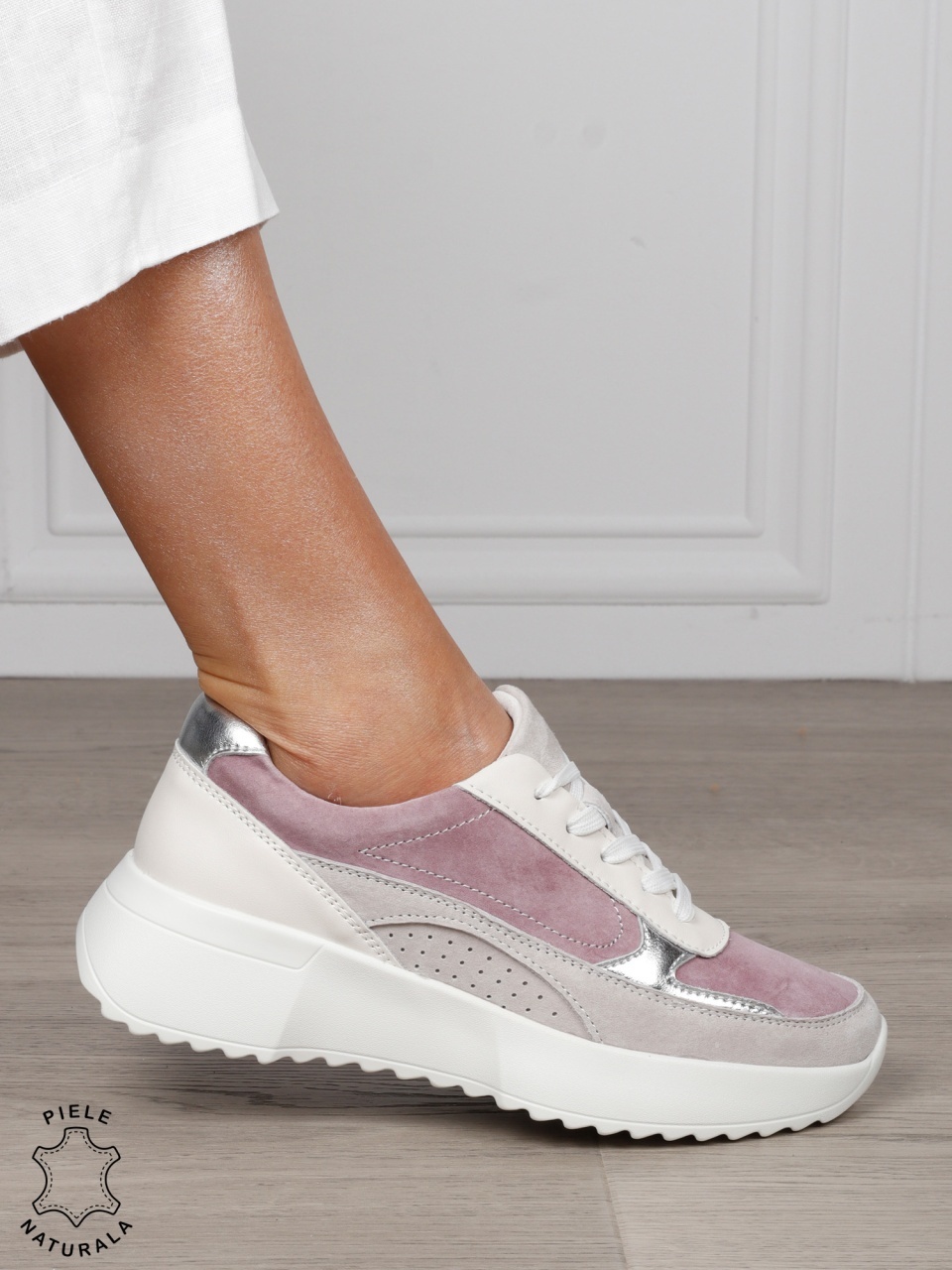 Pantofi sport damă din piele naturală și piele naturală întoarsă, multicolor CRL1564 MOV