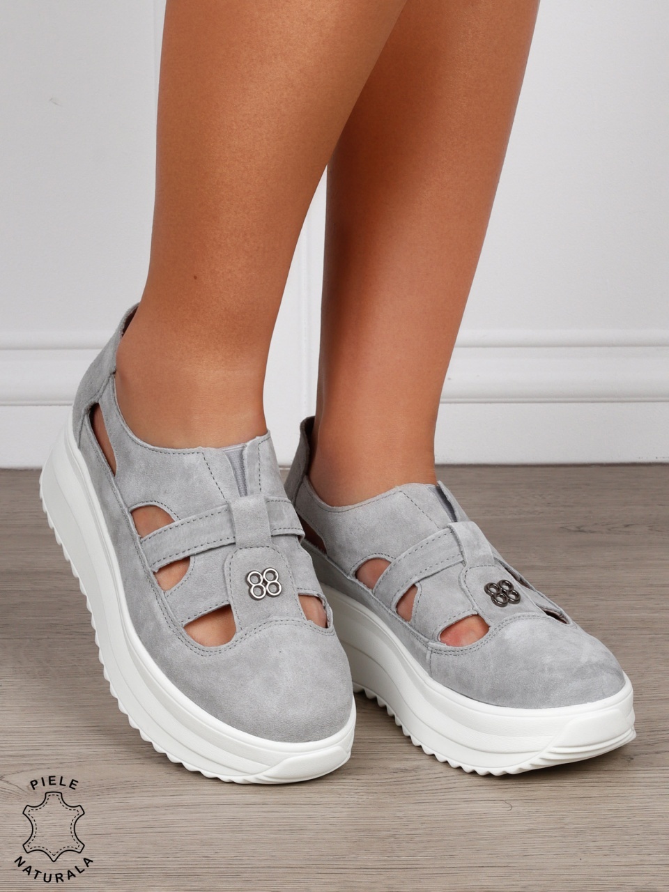 Sandale dama din Piele Naturala Intoarsa cu talpa inalta CRL1558 GRI