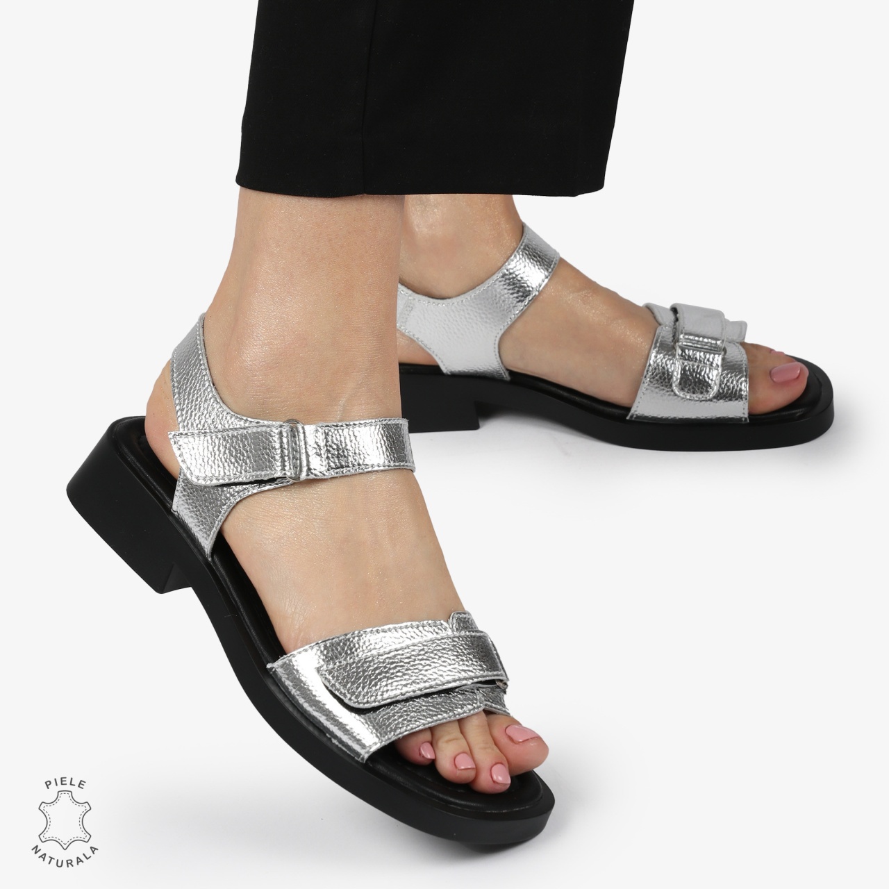 SANDALE Dama Piele Naturala CU INCHIDERE VELCRO CONFORTABILE CRL1373 ARGINTIU