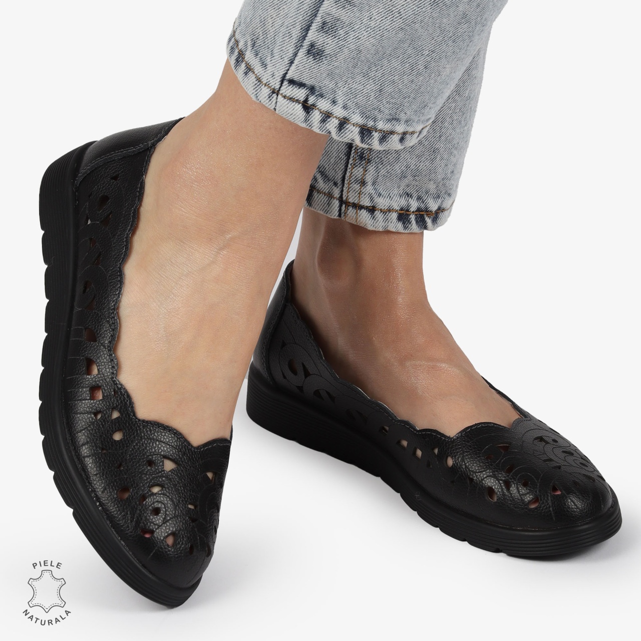 BALERINI dama din Piele naturala PERFORATA SLIP-ON CRL1357 NEGRU